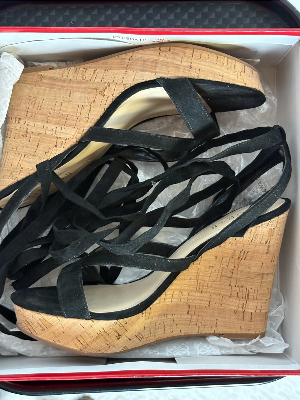 GUESS Black Fabric Lace-Up Cork Platform Wedges - Picture 7 of 9